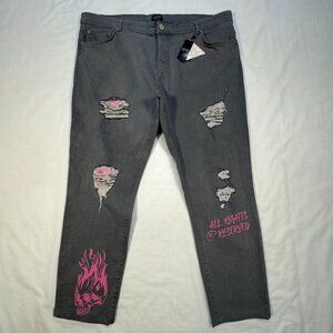 Boohoo Man Jeans Mens 44 Gray Button Fly Stretch Bandana Rip Rocker Biker NWT